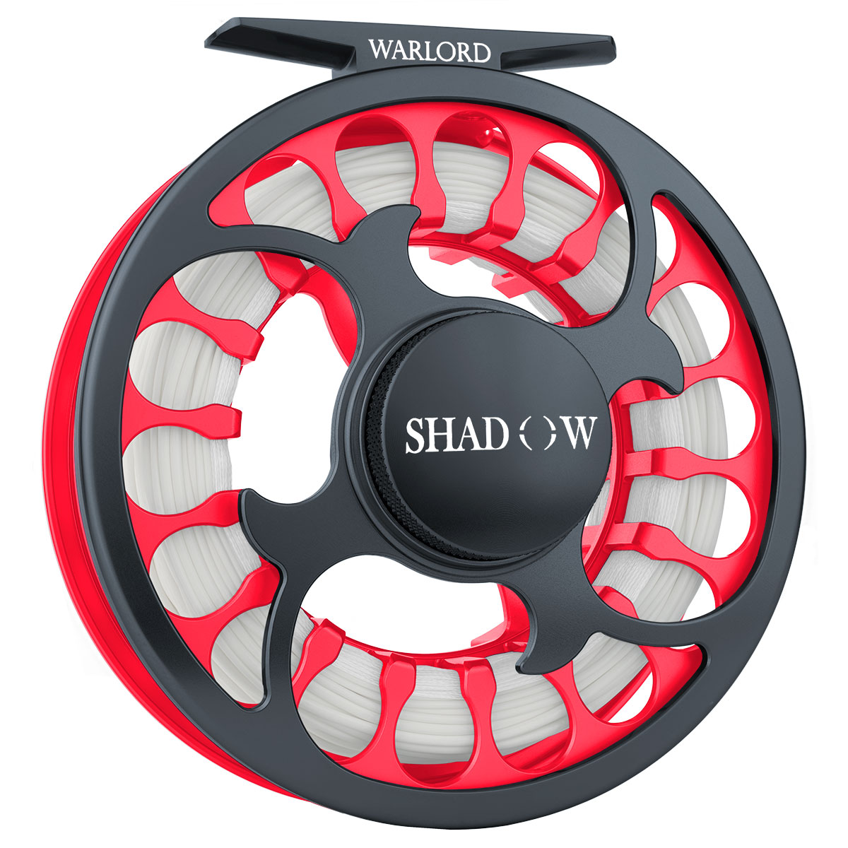A back view of the Shadow Warlord Fly Fishing Reel with fly line and backing - A High Performance reel in the color of Shadow and Hot Pink.