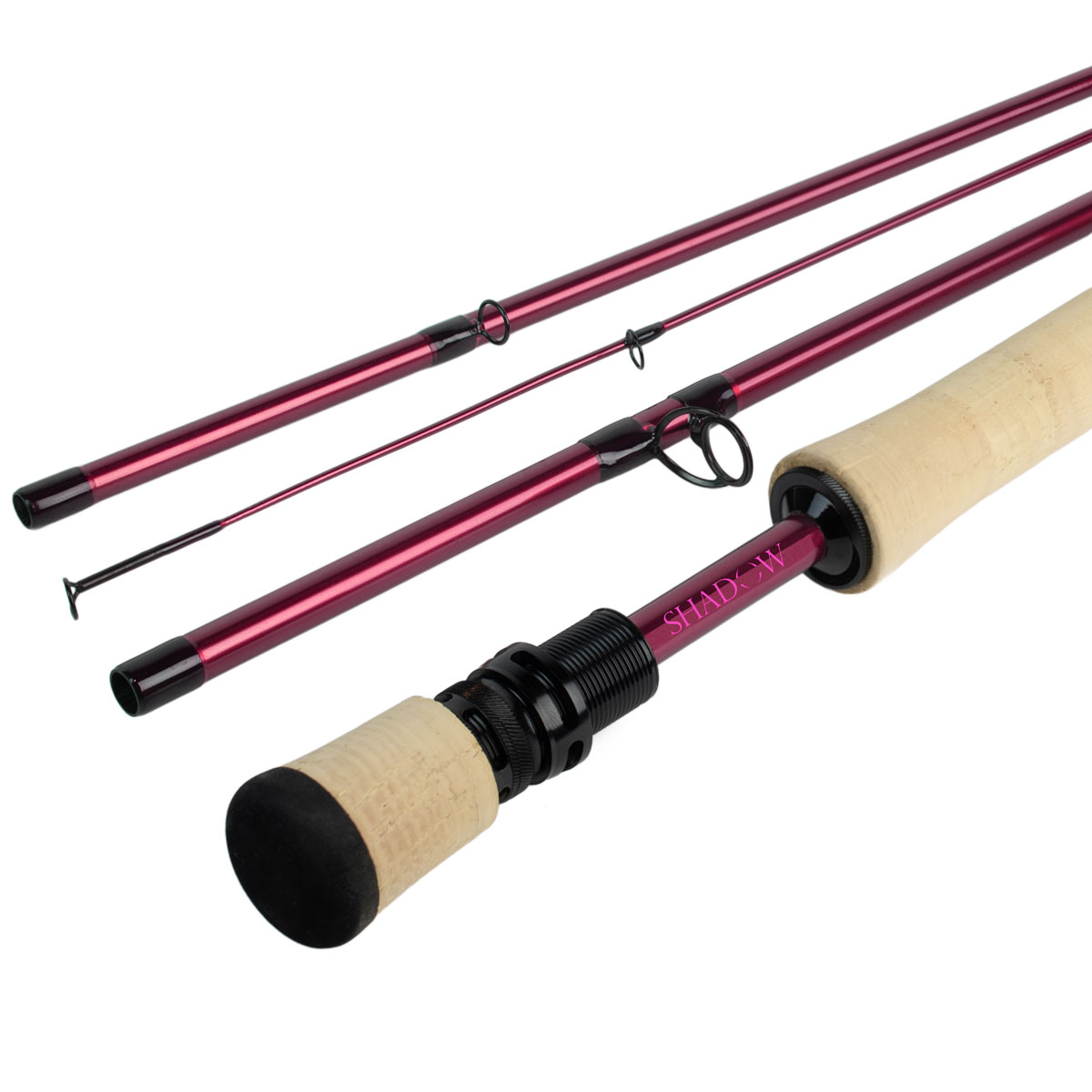 A side angle of the Shadow Warrior Fly Fishing rod - A High Performance rod in the color of Raspberry Pink.