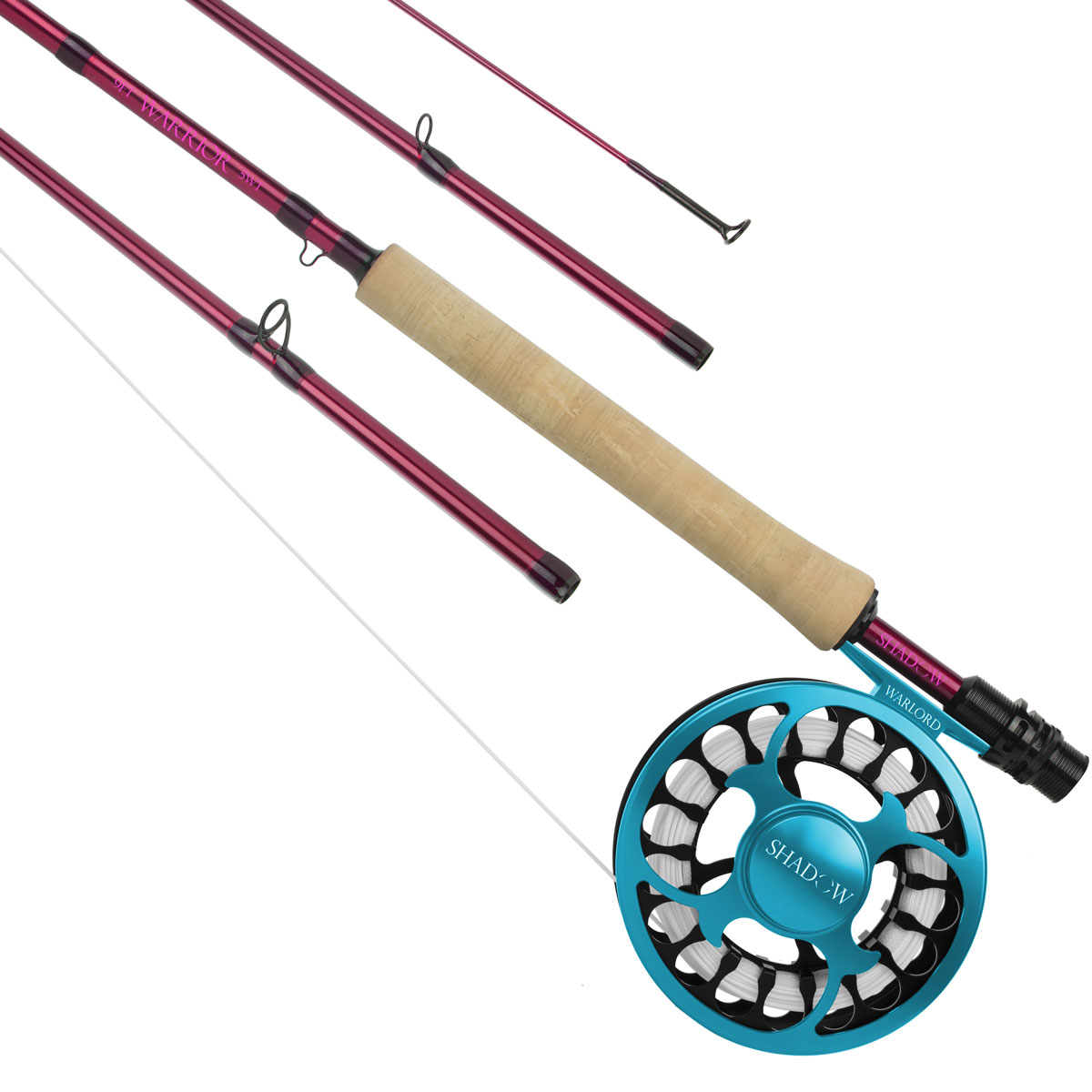 A view of the Shadow Warrior Fly Fishing rod outfit in the color of raspberry pink with an Aqua and Black Warlord fly reel